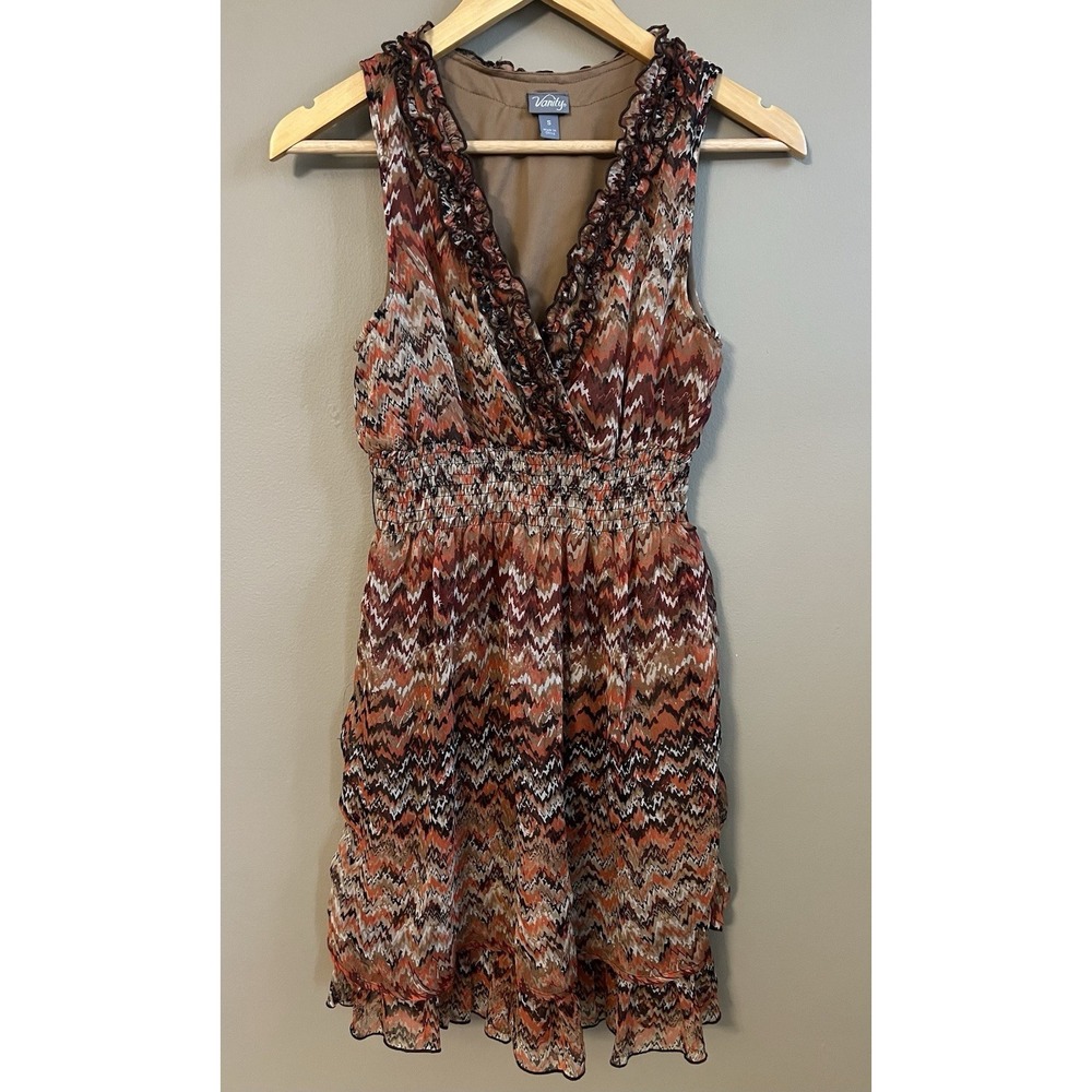 Vanity Sleeveless Chevron Zigzag Ruffle Mini Dress Brown Orange Boho Smocked S